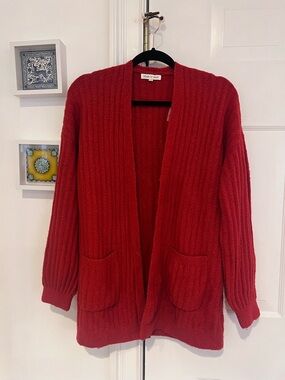 Woven Heart Red Open-Front Ribbed Cardigan Sweater S